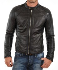 Men's Black Leather Biker Jacket Real Lambskin Cafe Racer Motorcycle Brown Coat