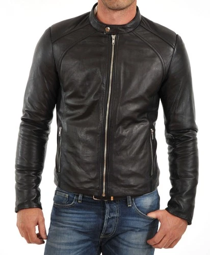 Men's Black Leather Biker Jacket Real Lambskin Cafe Racer Motorcycle Brown Coat - product listing photo