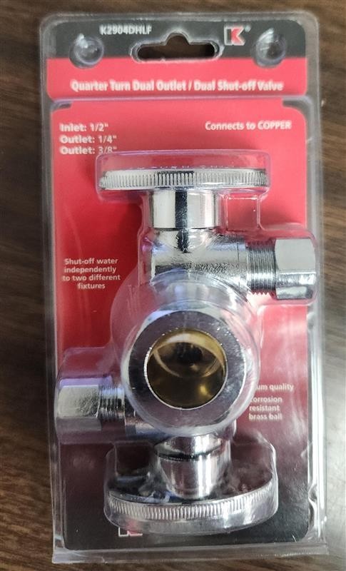 Keeney K2904DHLF 3-Way Quarter Turn Dual Shut-Off Valve 5/8 x 3/8 x 1/4 O.D. in.