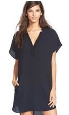ASTR The Label Women's Navy Shift Shirt Dress Deep V Neck Dolman Short Sleeves L