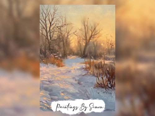 Winter Sunrise Path 5"x7 Print on Matte Paper | Tranquil Snowy Landscape Oil Art - Picture 4 of 7