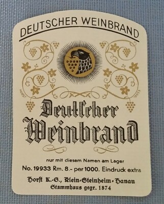 Old Shot Label Bottle Label Label Brandy Klein-Steinheim Hanau