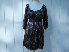 New Guess Brown Gold Logo Chain Print 3/4 Sleeve Satin Women's Belted Dress M