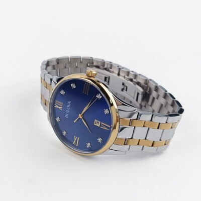 Bulova Classic Diamond 98D130 Blue Dial Gold-Tone Men's Quartz Watch 40mm New