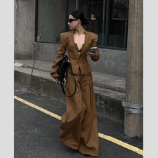 New Fall Blazer Women OL Suit Light Luxury Brown Suit Jacket Wide Leg Pants 2pcs
