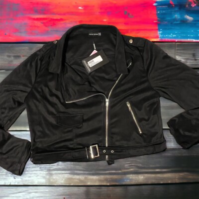 New Pretty Little Thing Plus Black Faux Suede Biker Jacket Size 18 (US) /22 (UK)