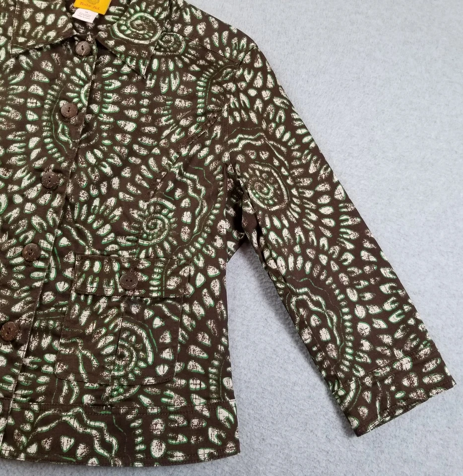 Ruby Rd. Chaqueta de Primavera Para Mujer 14 Marrón Verde Remolinos Manga 3/4 Bolsillos Elastizados Foto 4 de 4