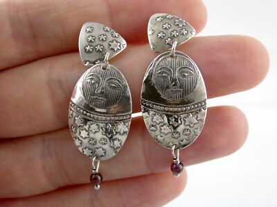 Tabra Sterling Silver 14k Gold Post Nesting Doll Face and Stars Earrings 3.5g