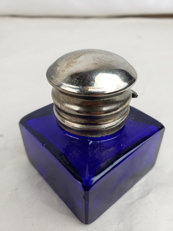 Superb antique glass / metal inkwell