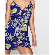 Blue tropical vacation dress, wrap tie in front