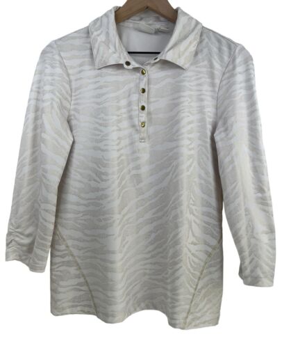 Zenergy Golf Chico’s Zebra Print Metallic Gold White 3/4 Sleeve Top Stretch Sz M