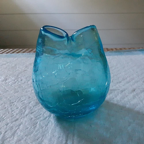 VTG MCM BLENKO PINCHED VASE CLEAR BLUE HANDBLOWN CRACKLE GLASS 3 1/2"