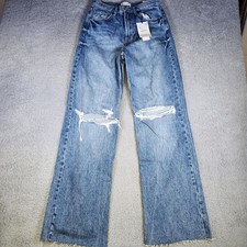 Zara Women Wide-Leg Light Blue High Rise Cotton Jeans Size 4 Distressed