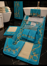 Isla Glory 18 Pc Embroidered Bath Mat Set Turquoise Gold Luxury Shower Curtain 