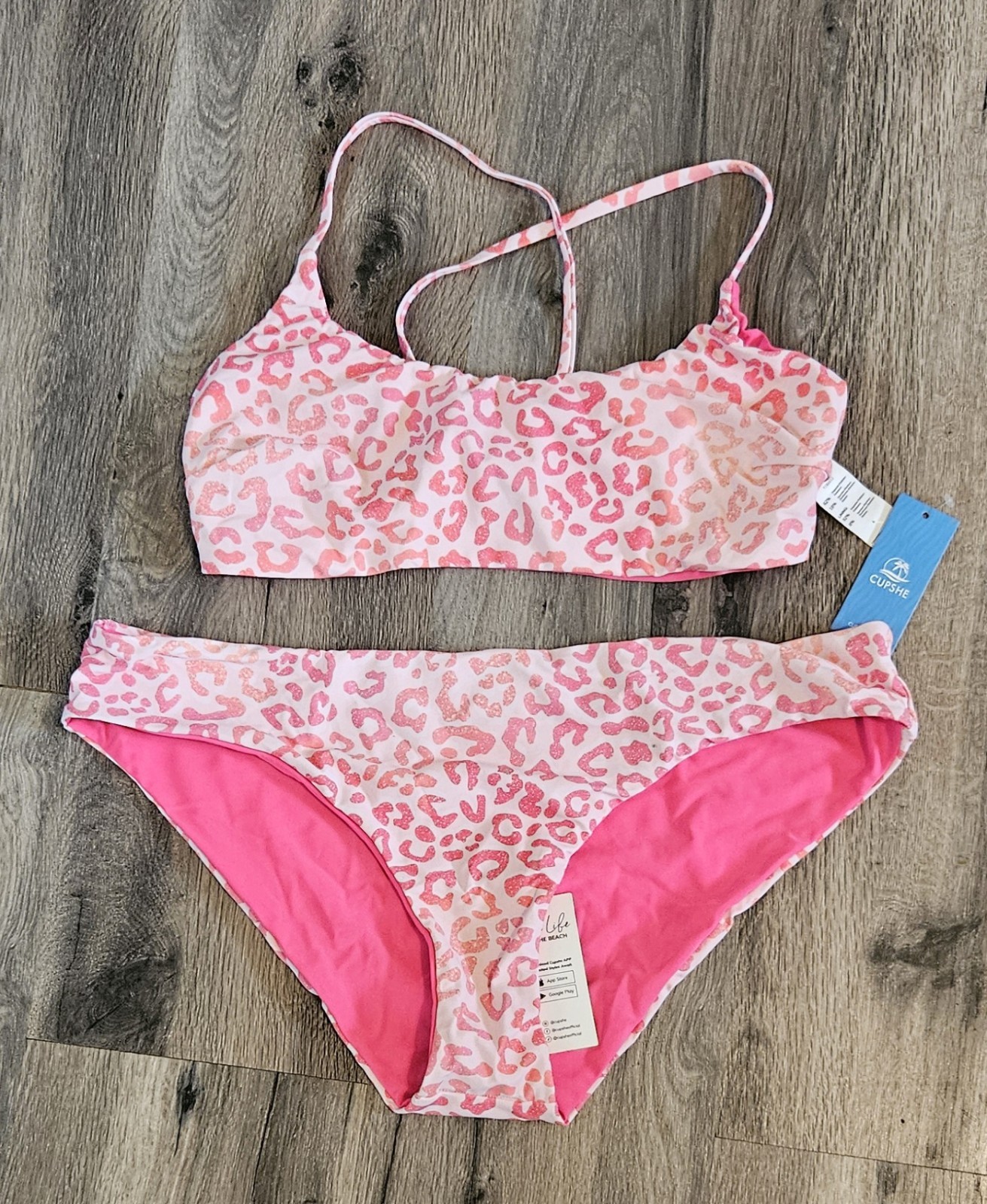 Cupshe Womens Reversible Pink Leopard 2 Piece Bikini Swimsuit Size Xl NWT