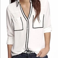 Express Portofino Shirt Blouse White Black Trim Long Sleeve Sheer Pockets Work M
