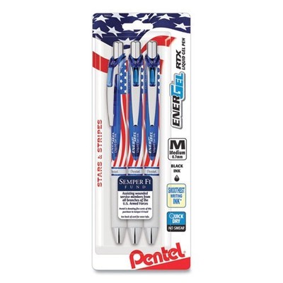 Pentel EnerGel RTX Stars & Stripes Gel Pen, Med 0.7 mm, Black Ink, 3/Pack