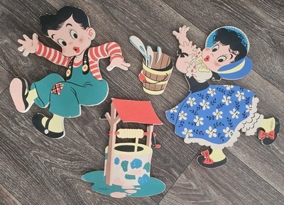 VTG 1950s Dolly Toy Co Mother Goose Pin-Ups Jack & Jill 4-Piece Nursery Decor