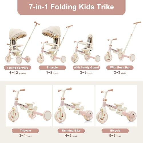 7 in 1 Baby Tricycle Toddler Trike Collapsible Frame Lightweight Kid Rider 