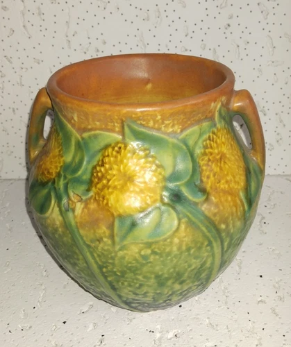 Roseville Sunflower Vase 513-5 Double Handle Art Pottery c1930 Green