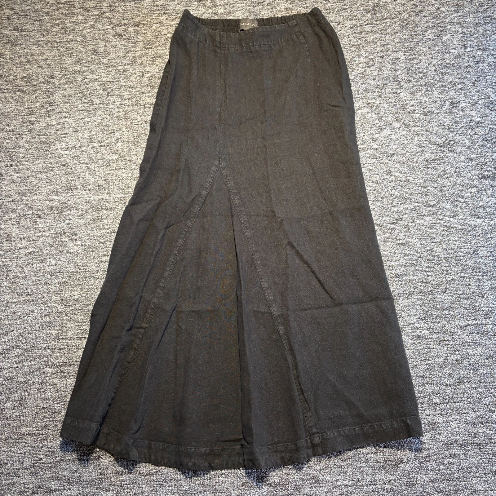 Oska Linen Skirt Womens UK12 Black 100% Linen Maxi Elastic Waist Lagenlook Boho