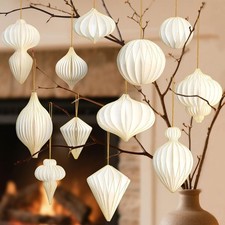 12 Pcs Christmas Paper Honeycomb Ornaments for Tree, 3D Glitter Edge White