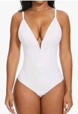 SHAPERIN Women's Deep V Neck Bodysuit Double Lined Plunge Tummy Control Sz L