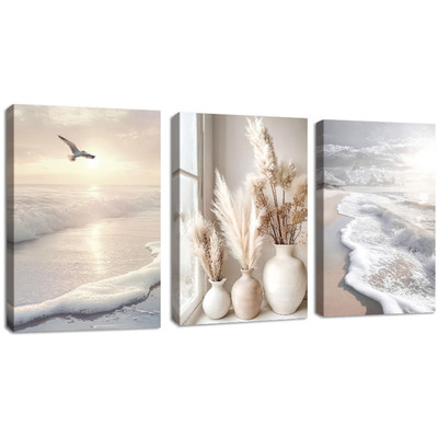 Boho Landschaft Wandbild Set 3-teilig 40x60 cm mit Rahmen   Pampasgras Deko