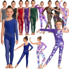 US Kids Long Sleeve Unitard Gymnastics Bodysuit Stage Apparel Shiny Printed Wear