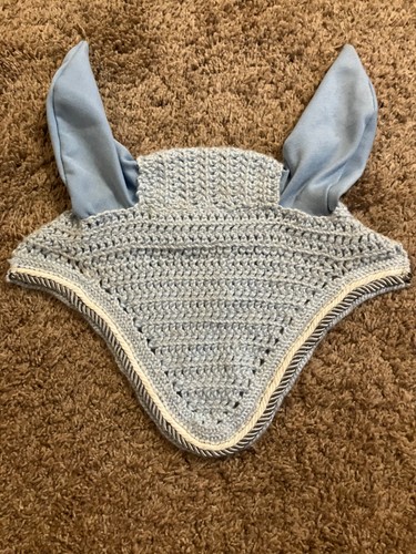 Custom handmade horse/full/medium fly bonnet light blue with white and grey trim