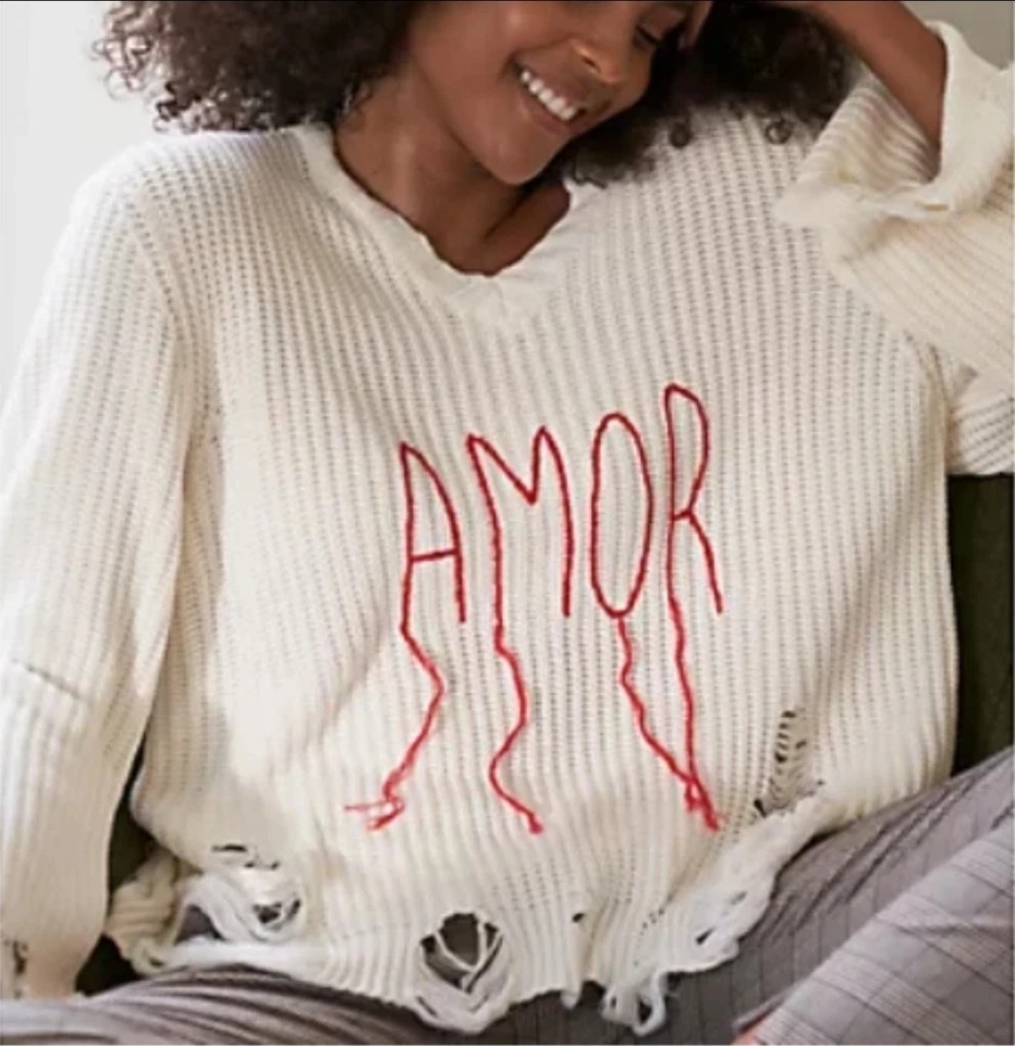 Peace Love World Destructed V Neck Sweater L .Beige Embroidered Distressed Women - Image 3 of 4