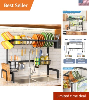 Versatile Adjustable Dish Drying Rack with Utensil Holder - Elegant Black Design