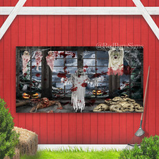 Scary Zombie Haunted House Photo Backdrop Horror Cemetery Bloody Skulls Hallowee