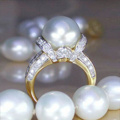 Elegant 18k Yellow Gold Plated Wedding Ring for Women Pearl