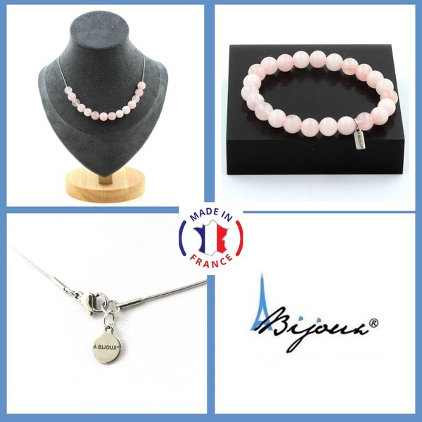 Schmuckset Armband Halskette 15 Perlen Rosenquarz 8 Mm. Kette In GrößE Per-image