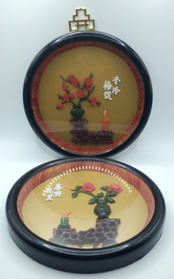 Faux Jade and Coral Vintage Wall Plaques Plum Shadowbox Asian Decor. Set of Two