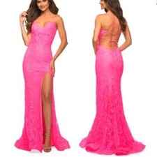 La Femme Hot Pink Sparkle Strappy Back Stretch Lace Gown Size 2 $418 Prom