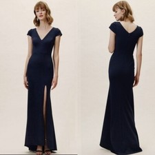 BHLDN Dress Ara 2 Navy Blue Anthropologie V Neck Front Slit Cap Sleeve