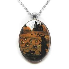 Halloween Spooky Pumpkin Patch Witch Design Oval Pendant Necklace