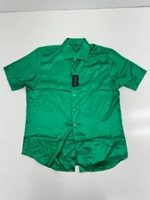 Barry Wang Womens Emerald Green Button Up Short Sleeve Shirt Size Large