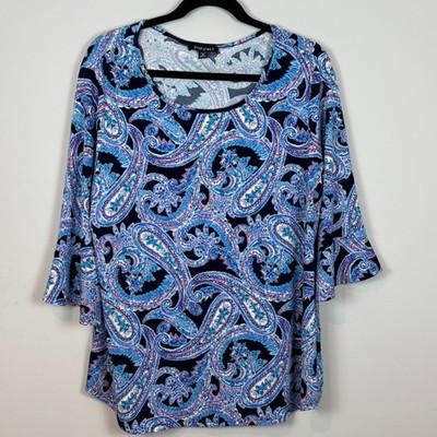 roz & ali Blue Paisley 3/4 Sleeve Bell Sleeve Stretch Liquid Knit Top Womens 1X