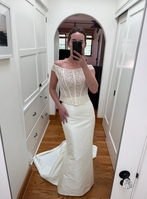 90s Vintage Wedding Dress XS Satin Lace Corset Bridal Gown 2-Piece Off  Shoulder | eBay