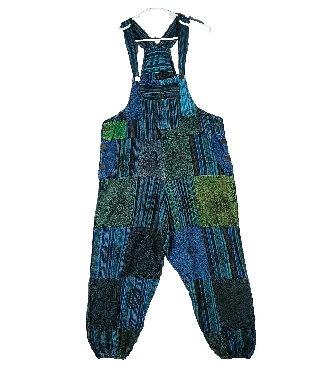 Patchwork Bib Overalls Womens Size Large Blue Gre… - image 1