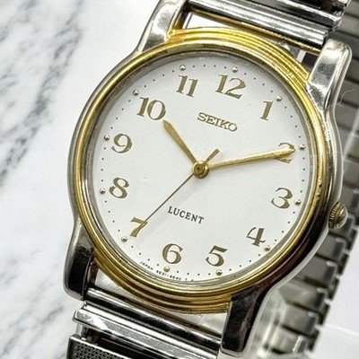 SEIKO 5E21 6E00 LUCENT Mens Watch Silver Gold Combo Quartz Vintage Rare