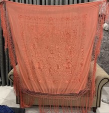 Antique Chinese Hand Embroidery Piano Shawl 135 X 135 Fringe 50 Cm Orange   