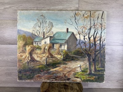 Vintage Colonial Harvest Homestead Landscape Farm Original 16x20