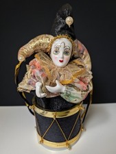 VTG Harlequin Jester Porcelain Doll Animated Musical Pierrot Clown. Winds Up