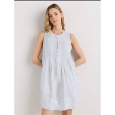 Quince 100% European Linen Sleeveless Swing Dress L Sky Blue Mariner Stripe Coas