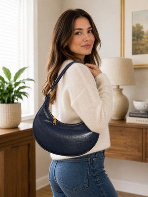 Isabelle Women s Navy Pebbled Solid Crescent Shoulder Bag Zip, Gold, Pockets