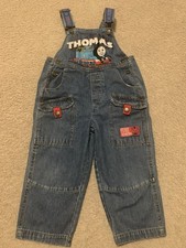 Vintage Y2K Boys Thomas The Train Overalls Denim Jeans Embroidered Size 3T